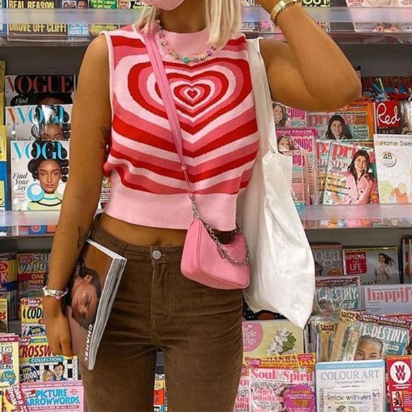 

women's tanks & camis women summer sleeveless knitted crop sweet contrast color heart print turtleneck sweater vest harajuku casual sli, White