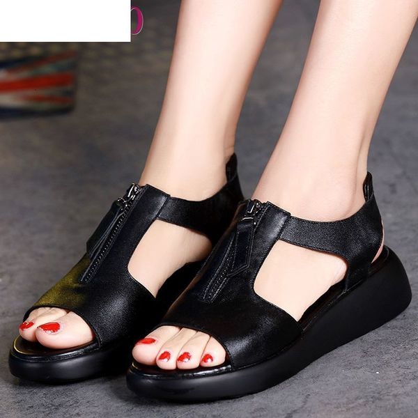 

sandals women's plus size 34-42 summer genuine leather ladies shoe women platform 4.5cm heels female shoes s4ay, Black