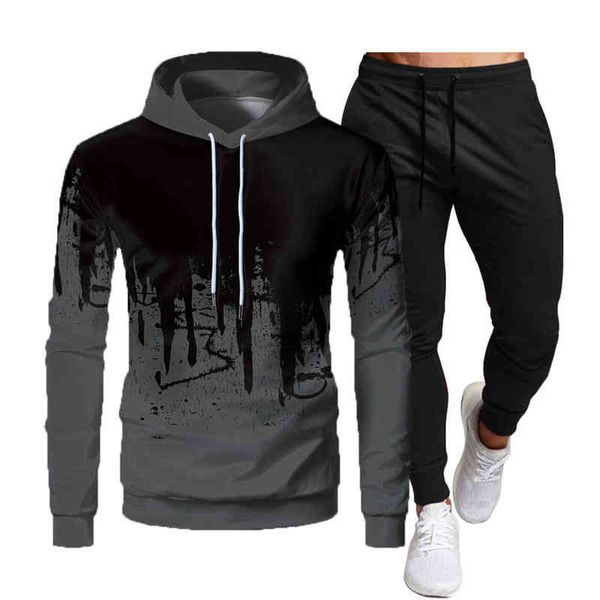 

autumn new fashion hoody 2 piece sets mens hoodies sweatshirts solid splash ink hip hop pullover harajuku plus fleece warm s-3xl g1217, Gray