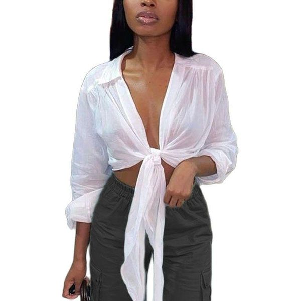 

women's blouses & shirts 2021 casual woman long sleeve tie blouse, White