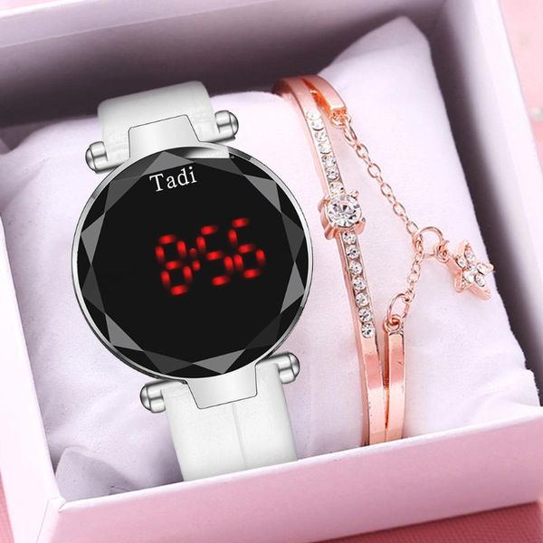 

wristwatches tadi bamboo grain leather electronic clock digital women touch screen led watches bracelet set relogio feminino, Slivery;brown