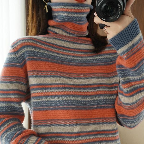 

women's sweaters cmaz [broken size cashmere] retro loose striped sweater heaps collar inner wear base, White;black