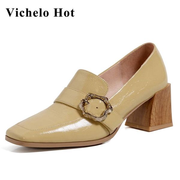 

vichelo genuine leather square toe high heels metal fasteners office lady young gentlewomen slip on women pumps l6f3 dress shoes, Black