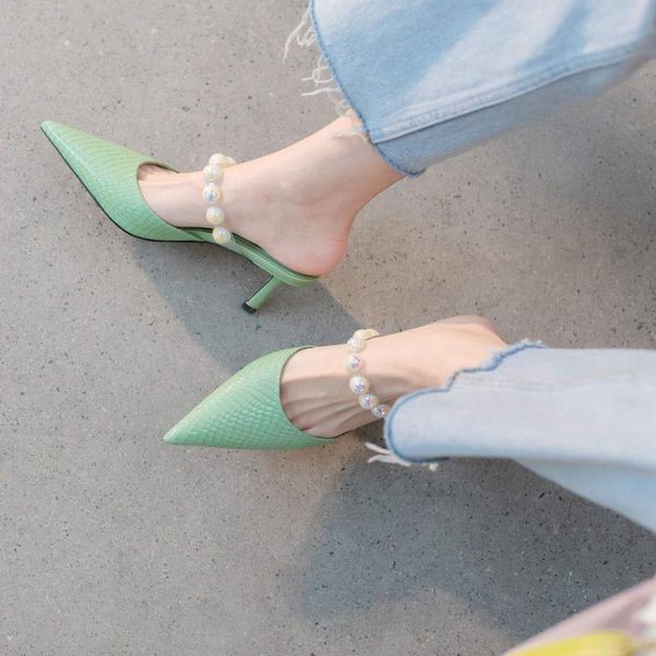 

gladiator sandals cow leather high heels slingback summer shoes pearl concise mules office lady party dress women, Black