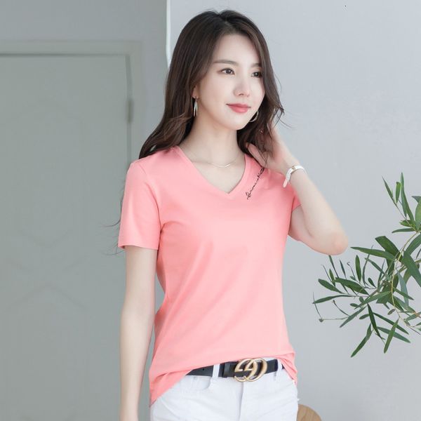 

women's t-shirt 2021 mercerized cotton short sleeve shirt quality v-neck embroidered european and american fashion t-shirts, White