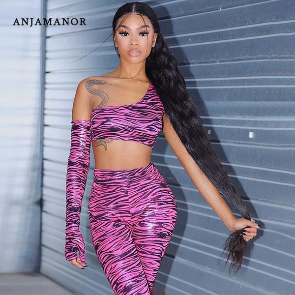 

women's tracksuits anjamanor zebra striped glitter 2 piece outfits for women clubwear 2021 fall crop pants two matching sets d87dz1, Gray