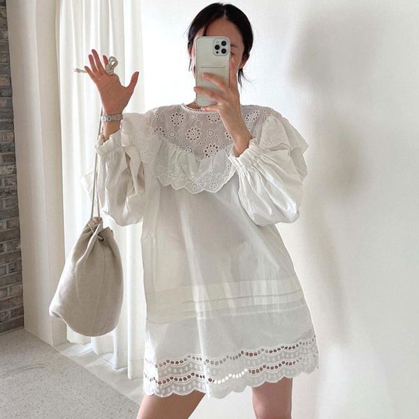 

casual dresses [ewq] korean chic autumn temperament women round neck lace hollow out stitching loose bubble sleeve dress female 2021 16e2599, Black;gray