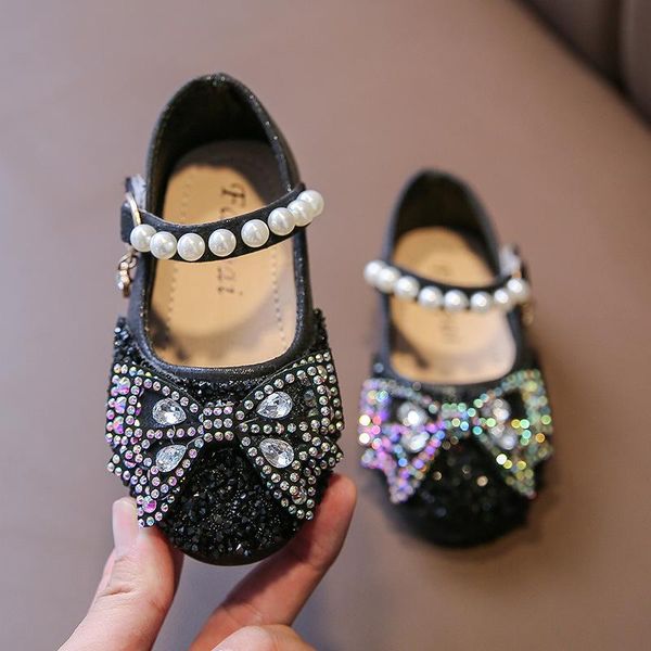 

flat shoes girls princess sequined pearl bow children' non-slip soft bottom leather student trend g185, Black;grey