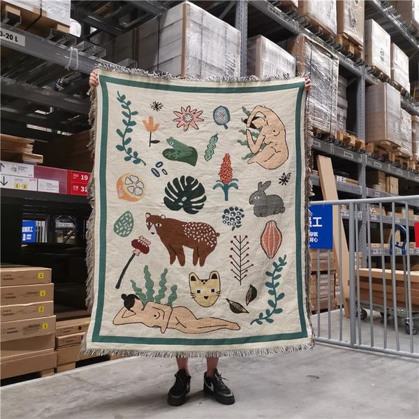 

Nordic INS Naked Girl With Animal Cotton Travel Blanket Leisure Sofa Towel Carpet Cover Single Tapestry Mat Carpets