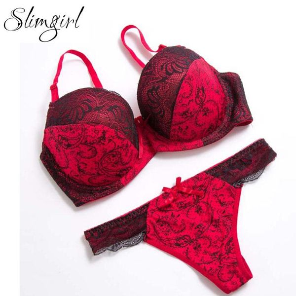 

bras sets push up bra set slimgirl women health big size lace underwire & brief lingerie panty female underwear b c d e cup, Red;black