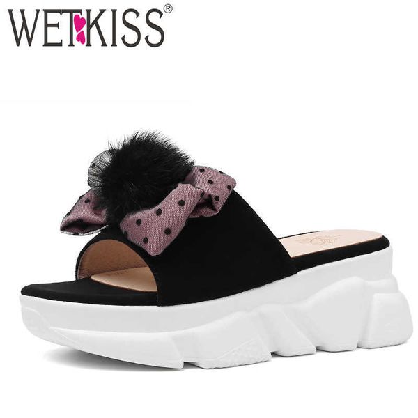 

wetkiss polka dot mesh slippers women footwear casual wedges slides shoes female kid suede mules platform shoes woman summer 210630, Black