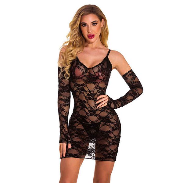 

ladies sling summer thin pajamas black lace transparent women lingerie nightdress 211208, Black;white
