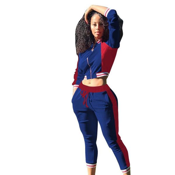 

women's two piece pants autumn winter women long sleeve patchwork zipper jackets + legging 2pcs sporting set tracksuits f8155, White