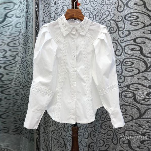 

blouses female shirt spring and autumn lace hollow out stitching sleeve short blouse women's nancylim, White