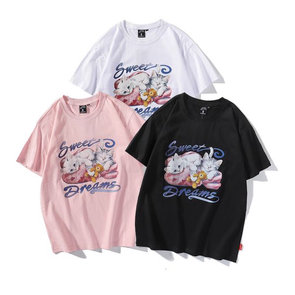 

t shirt 2021 spring cartoon oversize short sleeve lovers men and women casual simple half printing, White;black