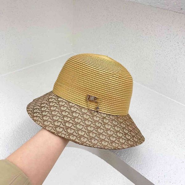 

new fisherman thin splicing bucket f letter hat women's daily foldable straw hat women