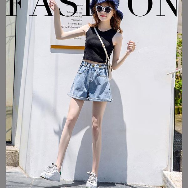 

women's shorts 2021 worn loosejeans high waist blue denim summer casual wide leg, White;black