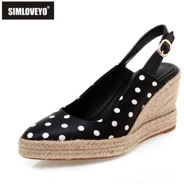 

spring polka dot silk sandals slingbacks buckle strap rattan wedges pointed toe 8cm size 32-44 black white a4174 dress shoes