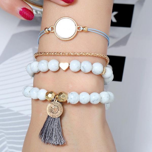 

charm bracelets 4 pcs/set boho tassel bracelet heart pearl wave love marble sets for women fashion jewelry, Golden;silver