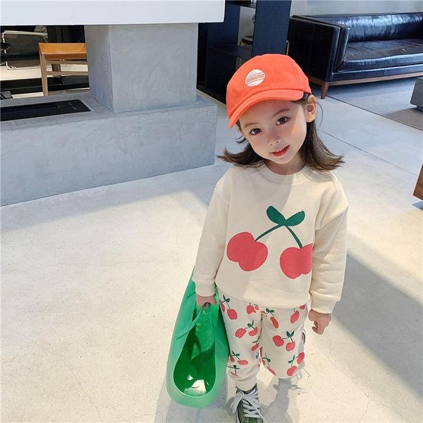 

clothing sets 2-8t toddler kid baby girl spring clothes set cherry print sweatshirt and pant suit elegant cute sweet sport fitness outfi, White