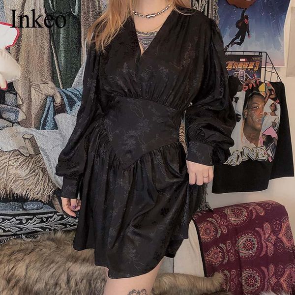 

casual dresses vintage print women a-line dress black spring summer lantern sleeve female v-neck mini club night clothing inkeo 9d055, Black;gray