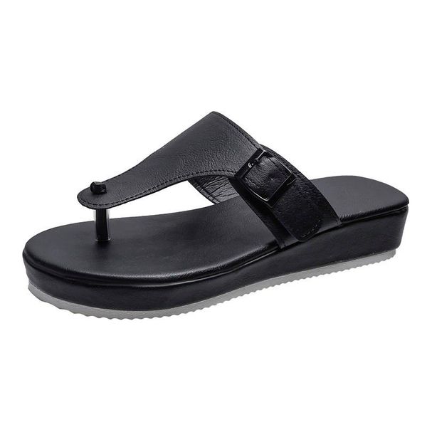 

slippers 2021 women's solid color simple flip-flops outdoor vamp buckle design retro all-match flat-bottom, Black