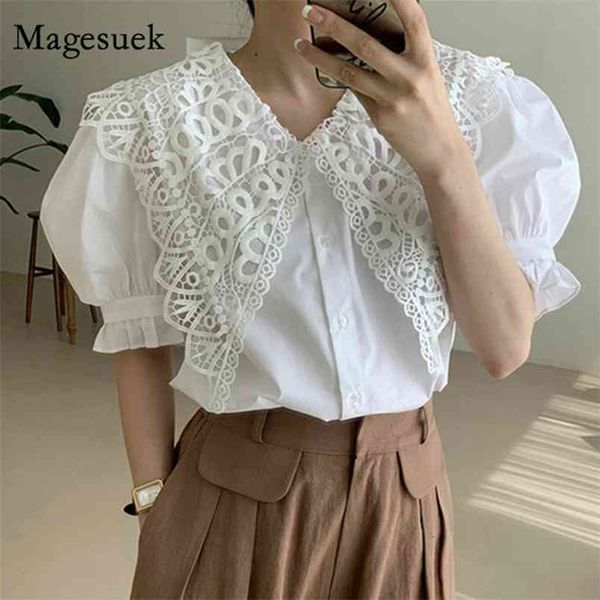 

korean chic summer lace hollow crochet blouse women vintage puff short sleeve casual button shirt lady clothes blusas 13813 210512, White