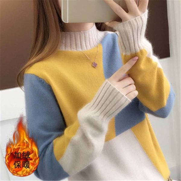 

women's sweaters new autumn winter korean plus velvet thick pullover sweater women half high collar knitted long sleeve female top, White;black