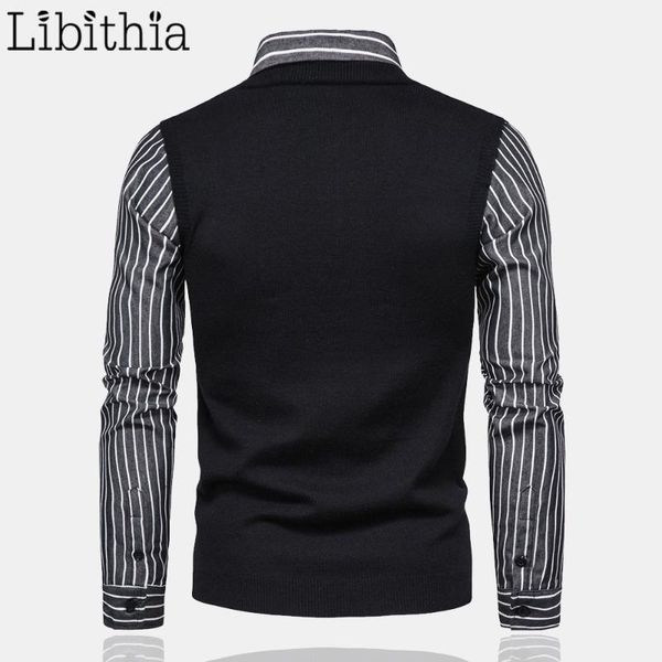 

casual fake two pieces sweaters striped pattern turn-down collar long sleeve autumn for men 2xl grey clothing male r054, White;black