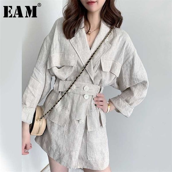 

[eam] loose fit linen button split joint big size jacket lapel long sleeve women coat fashion spring 1x5010 211105, Black;brown