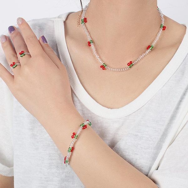 

earrings & necklace 2021 fashion 3-piece korea sweet and cute red cherry female girl transparent braided beaded jewelry, Silver