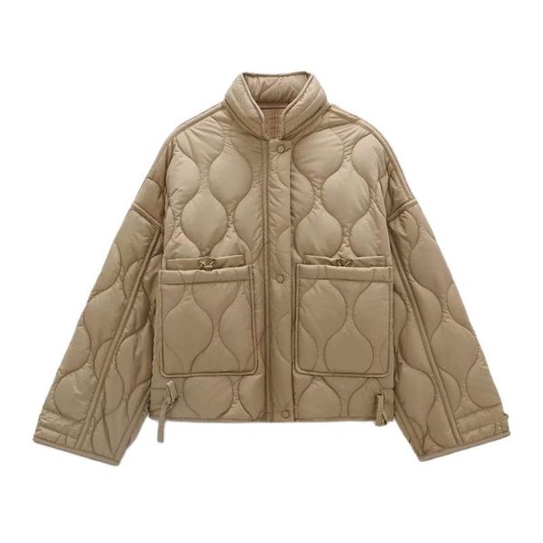 

diyig womans pring women's stand collar loose drawstring design light cotton-padded jacket short coat down & parkas, Black