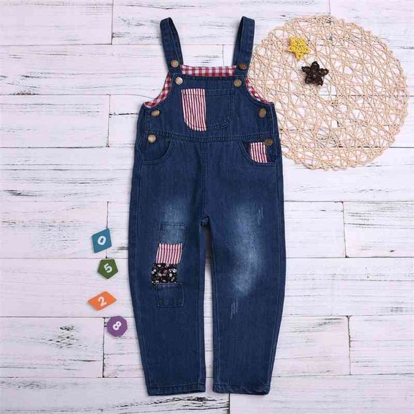 

children's trend stitching jeans pocket strap pants, White