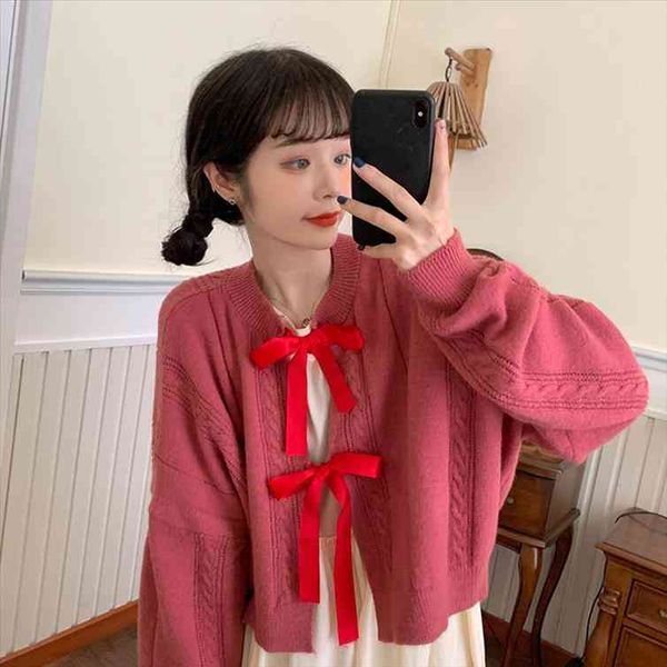 

japanese autumn knitting cardigan women sweater sweet mori girl bandage bow full sleeve sweaters on both sides twist solid loose, White;black