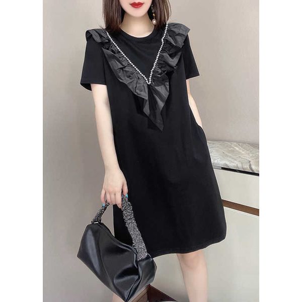 

2021 summer fashion drs with loose dign and short sleev ruffl, Black;gray
