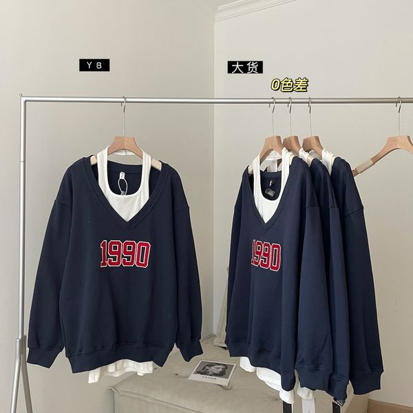 

brand hoodie nose homemade fall 1990 sweater women's loose lazy wind v-neck pullover off shoulder two piece set tide, Black