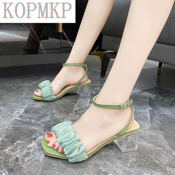 

sandals 2021 summer women narrow band transparent heel vintage square toe pleated high heels ankle strap thong design shoes, Black