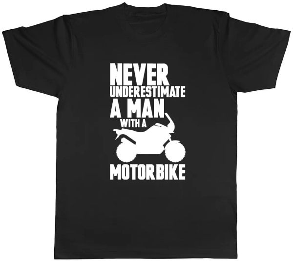 

never underestimate a man with a motorbike mens t shirt, White;black