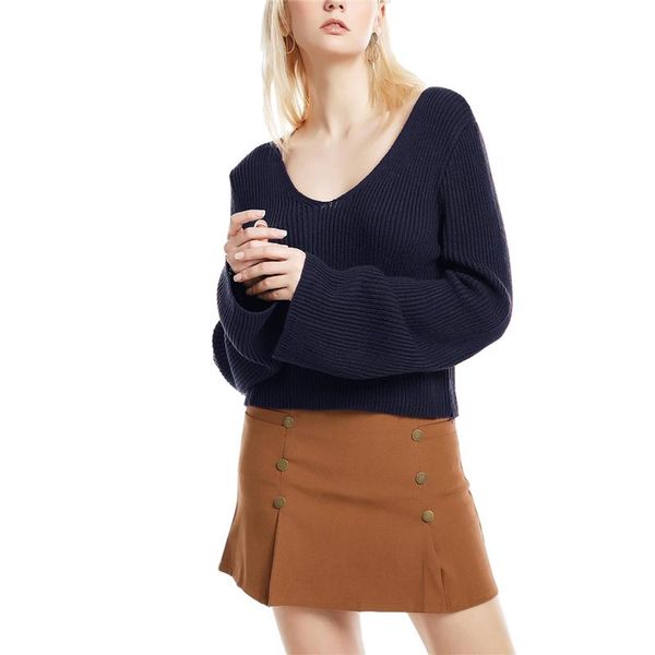 

women's sweaters 2021 ladies flare sleeve casual costume women fashion loose long v-neck solid color knitwear, White;black