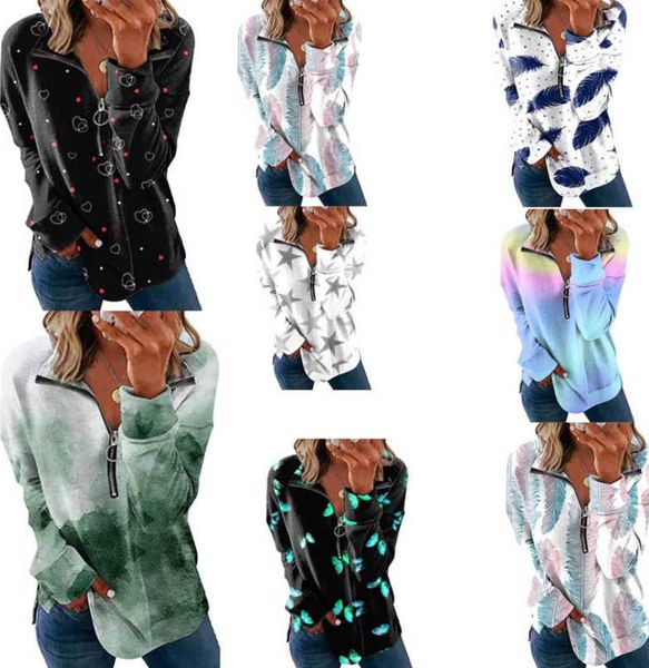 

women's t-shirt 2021 style long-sleeved zipper lapel printed sweater women spot wholesale, White
