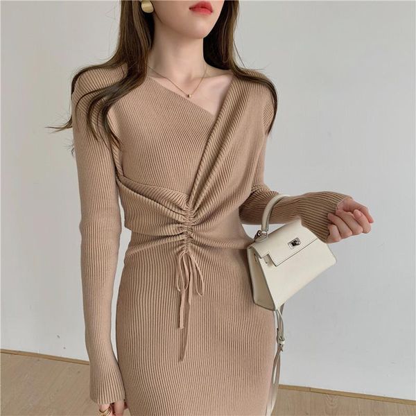 

casual dresses lucyever autumn winter knitted women's dress v neck drawstring woman slim bodycon long sleeve bottoming femme, Black;gray