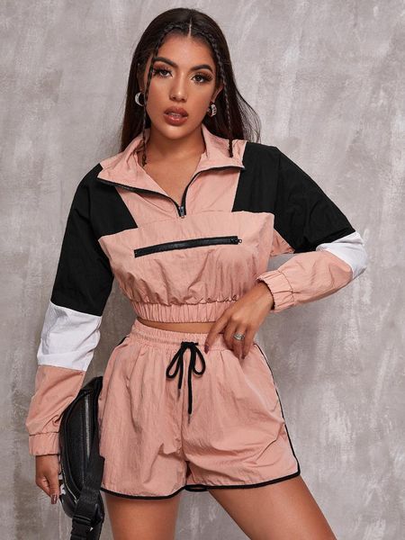 

women's tracksuits shorts suit 2-piece set ladies autumn 2021 casual stitching contrast long-sleeved + lace street hip hop ins, Gray