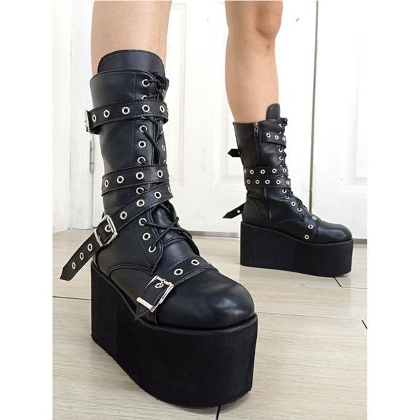 

boots brand design gothic female motorcycle black platform wedges with buckle 2021 winter cool street mid-calf women shoes