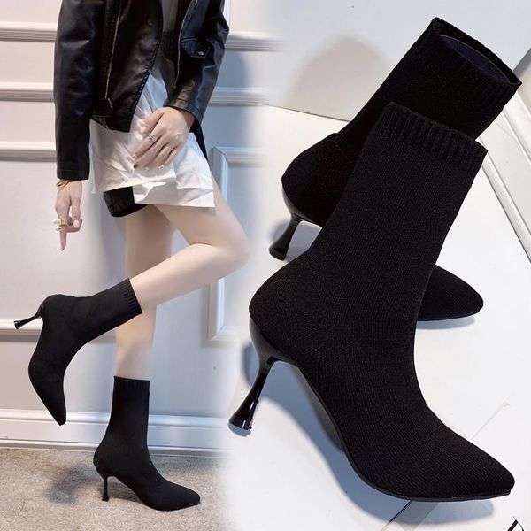 

boots 2021 autumn winter sock knitting stretch high heels for women fashion shoes woman ankle female booties, Black