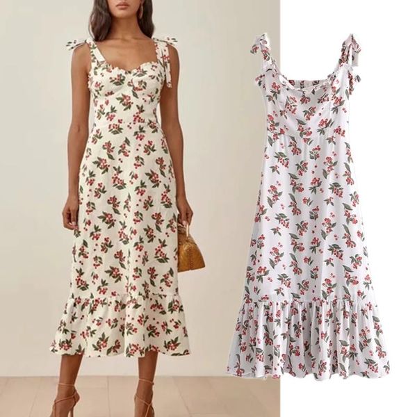 

casual dresses dave&di 2021 summer dress women ins fashion blogger vintage cherry printing ruffles strapless vestidos de fiesta noche, Black;gray