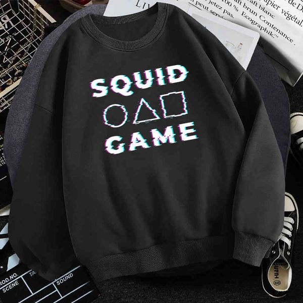 

men's squid printed sweatshirt, warm polar lining, casual round neck sweatshirt, men's fashion, 2021 korean tv seri hoodie, Black