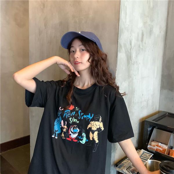 

women's t-shirt female korean harajuku retro casual cartoon print loose t-shirts japanese kawaii ulzzang clothes for women, White