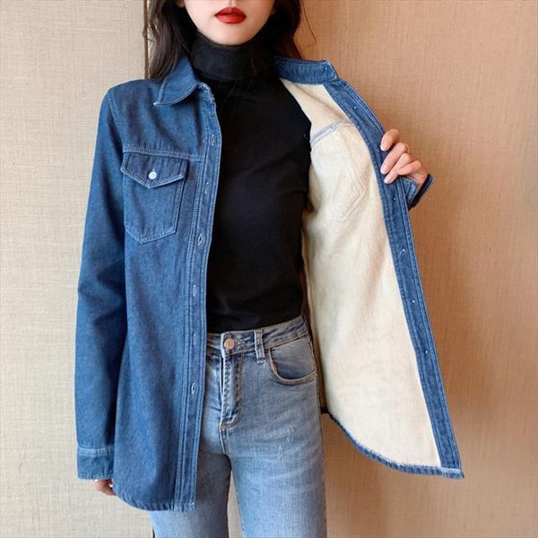

casual denim long sleeve winter womens blouses warm velvet thicken femme loose plus size blouse outwear jeans coats, White