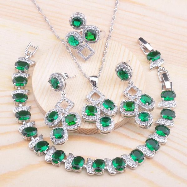 

earrings & necklace amazing green crystal silver color jewelry set women engagement gift cz bracelet pendant ring qs0708