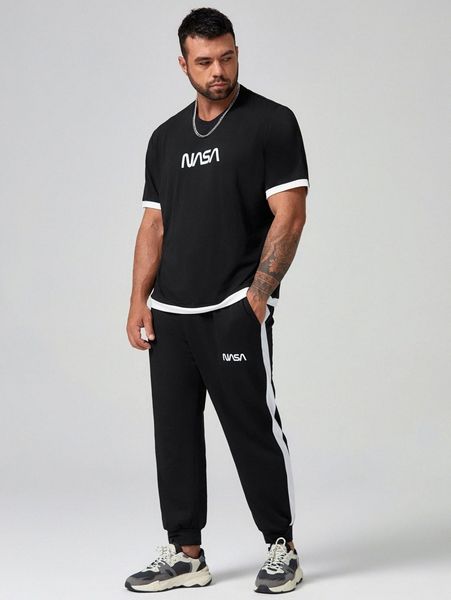 

extended sizes men letter graphic contrast trim tee & sweatpants u397#, Gray